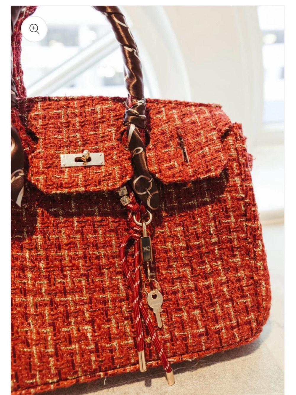 Red Tweed Top-Handle Women's Bag with Key Charm